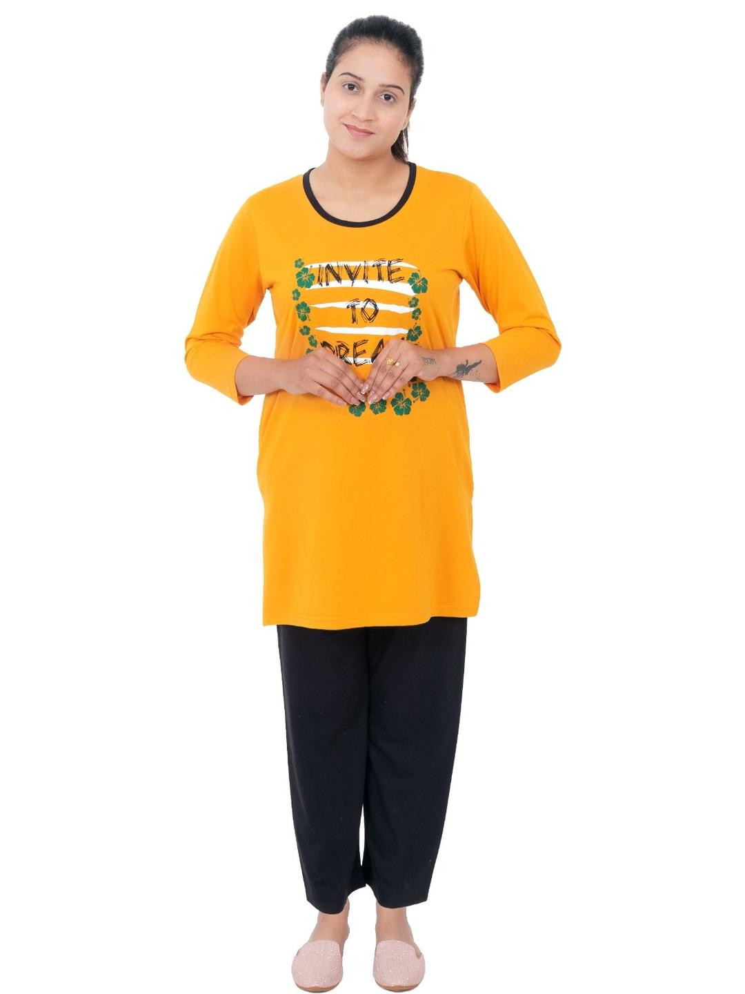 E-MAX Women Yellow Cotton Round Neck Long Sleeves Night suit