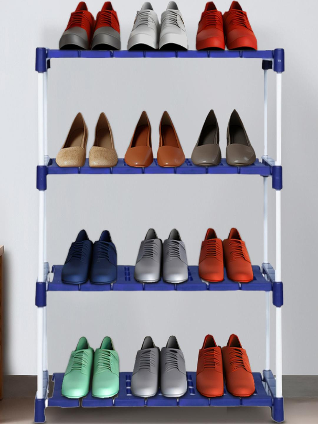 NOVATIC Off White & Blue Solid Metal Shoe Rack