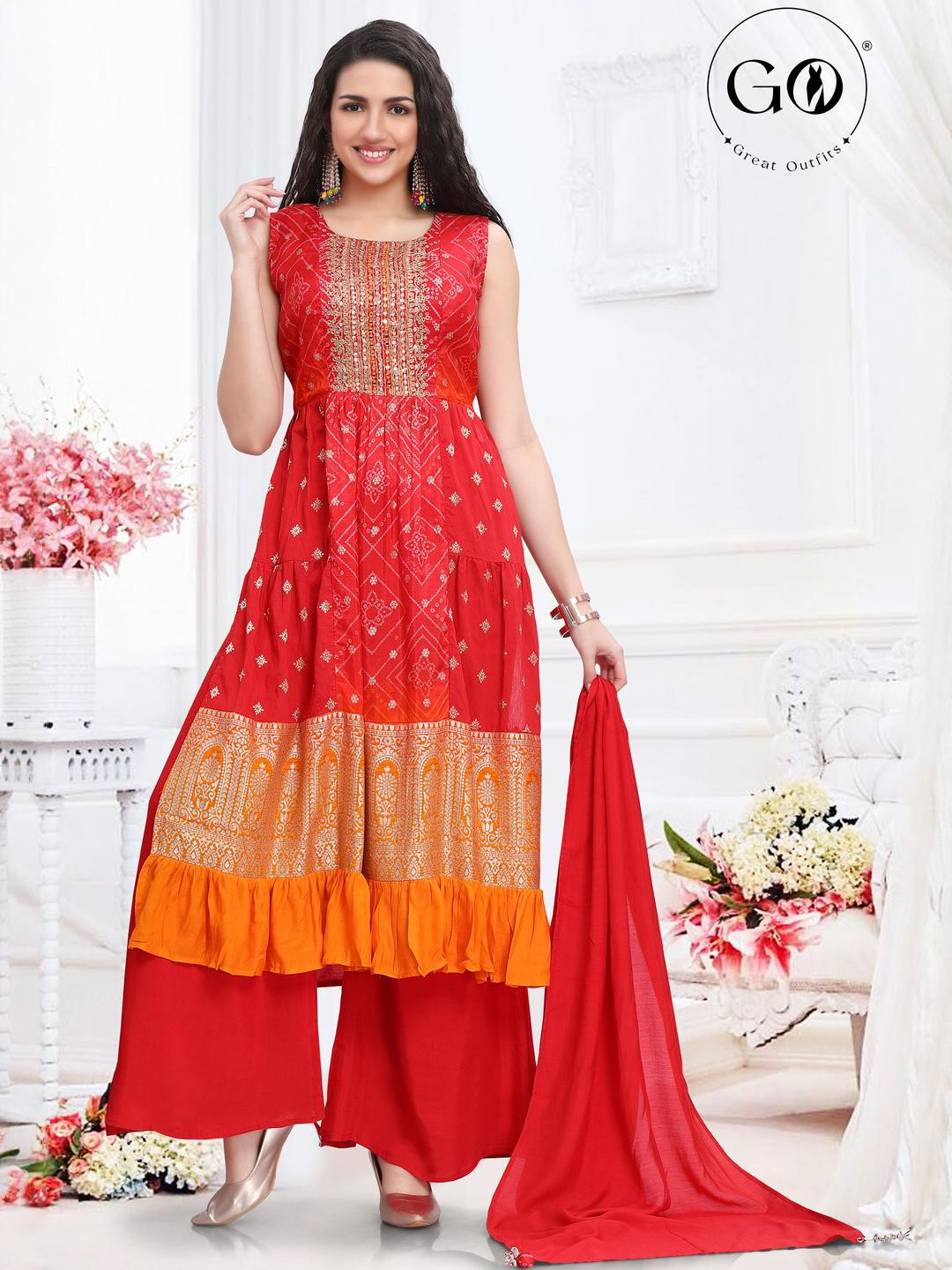 GREAT OUTFITS Women Red Linen Kurta Sets With Dupatta