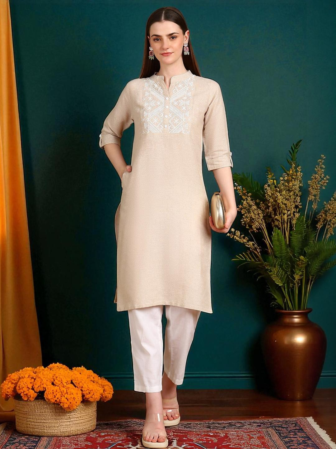Tzelynn Women Stylish Pure Cotton A-line Embroidered Yoke Design Kurta