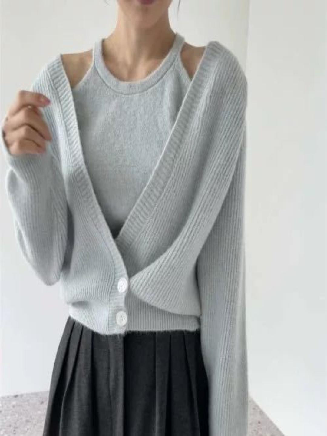 HERE&NOW Women Grey Cold Shoulder Knitted Cardigan