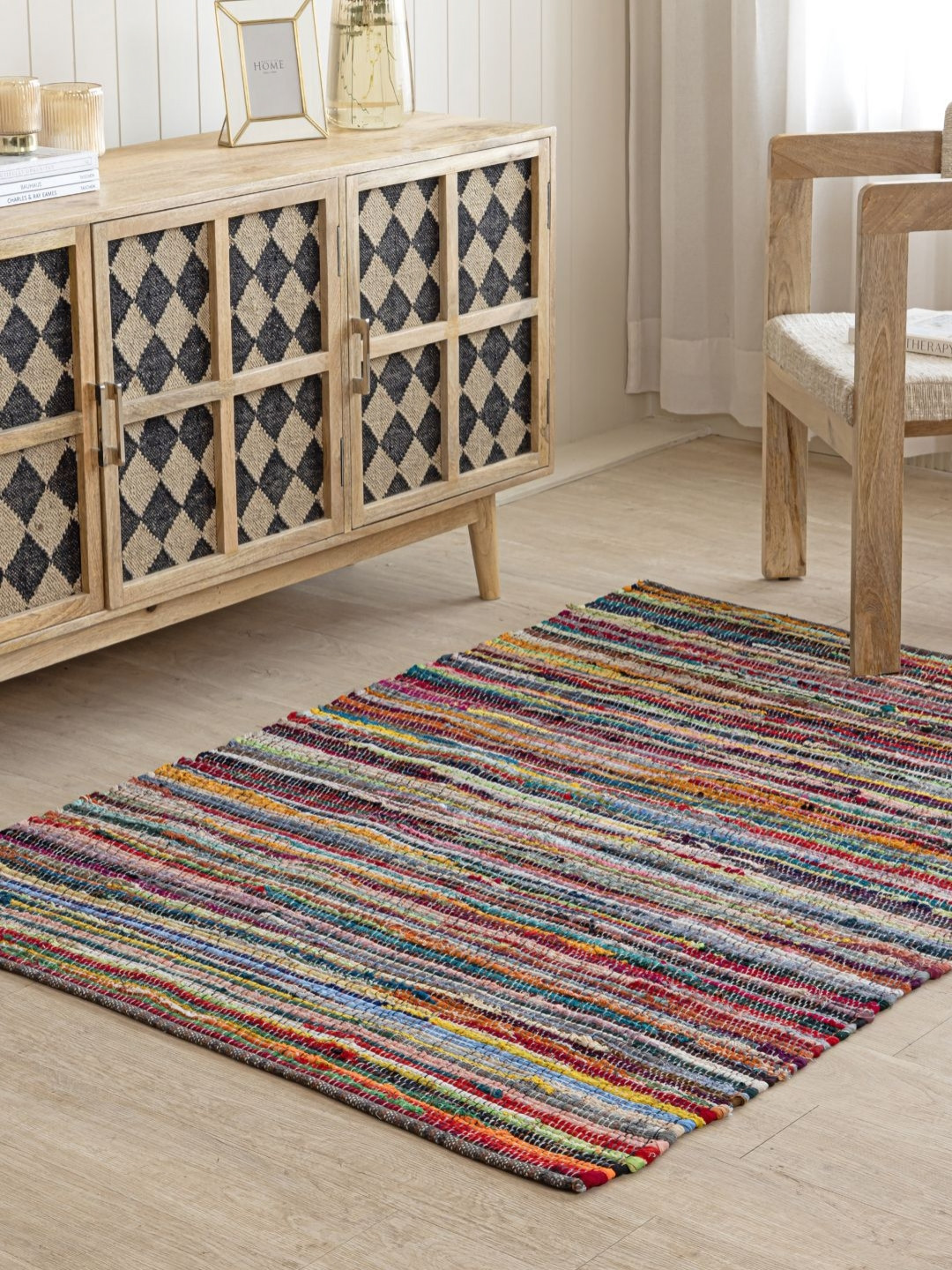 THEGASBH Red Striped Cotton Traditional Carpet