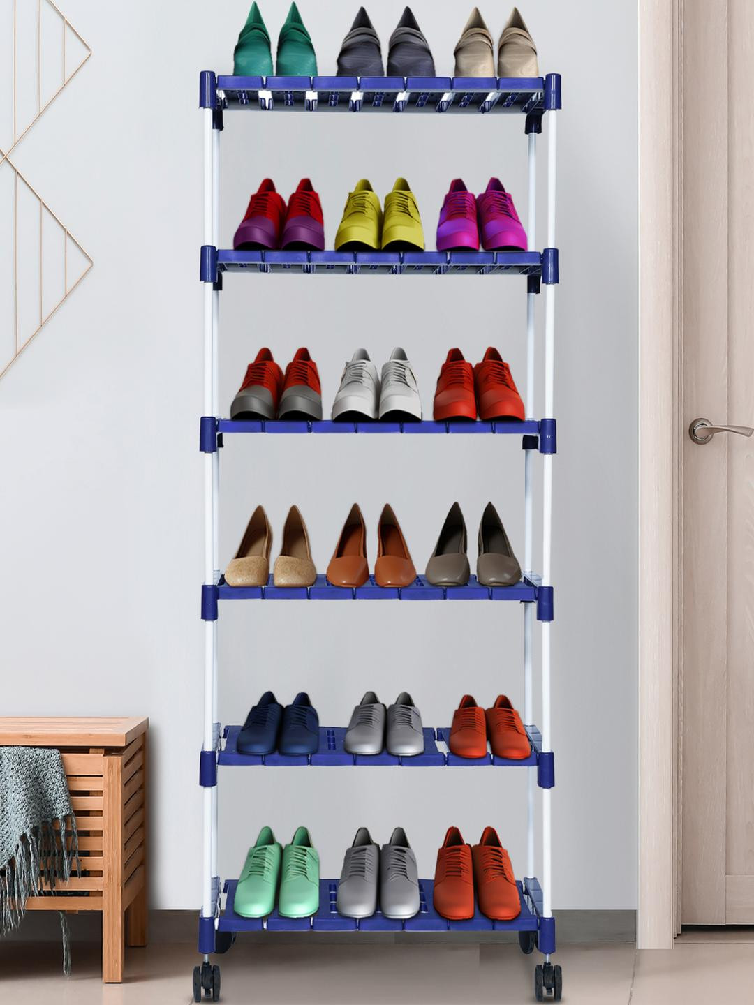 NOVATIC 6-Shelves Metal And Plastic Movable Shoe Rack