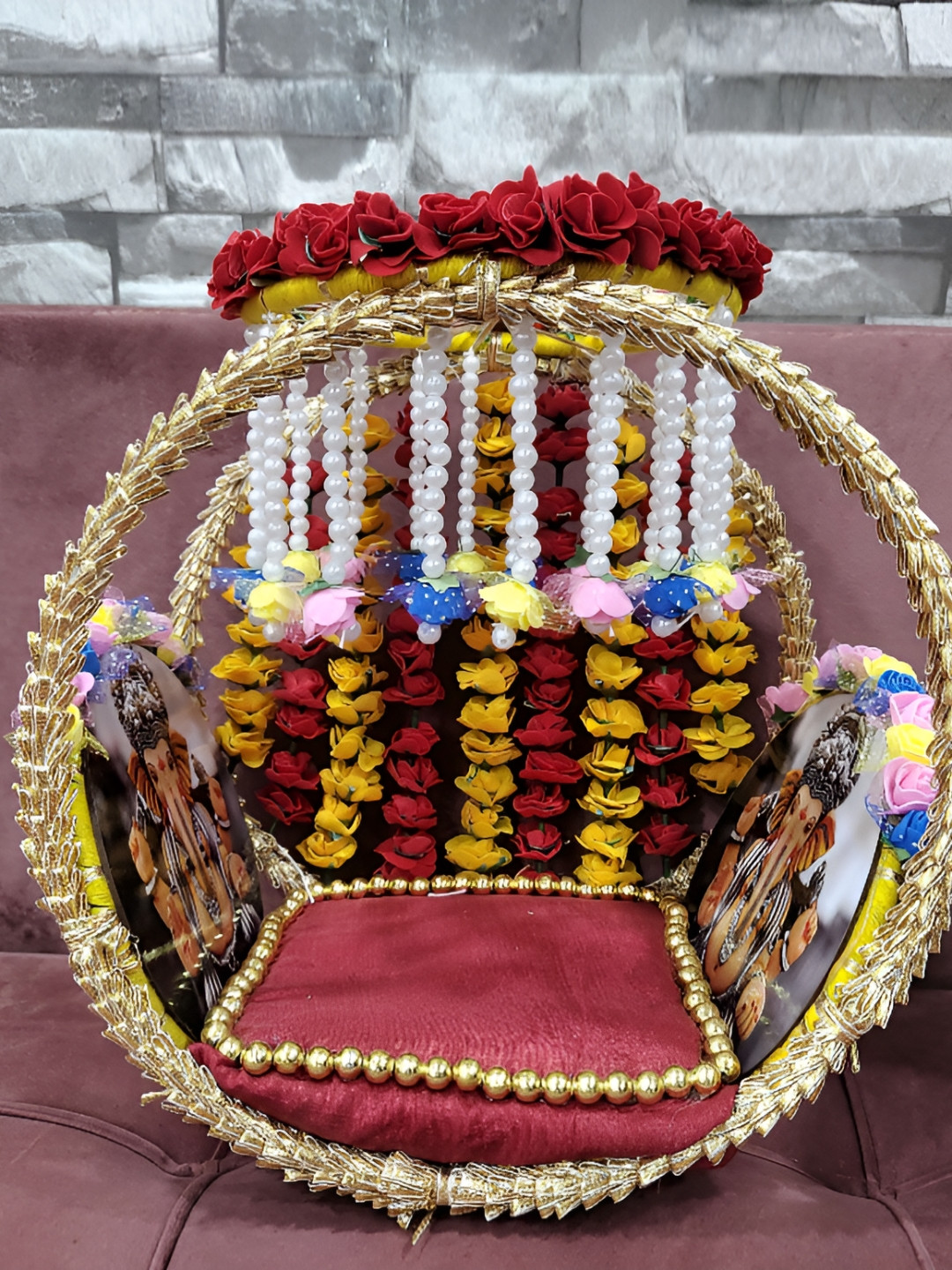 Sellplus Maroon & Gold Embellished Singhasan FestiveDecor