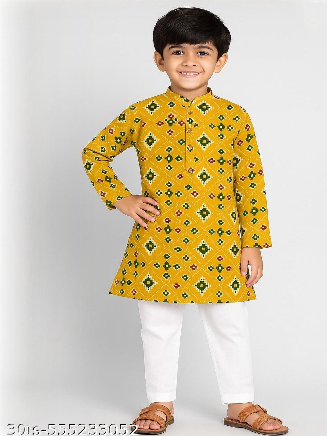 LABELZERO Kids-Unisex Yellow Cotton Blend Kurta Sets