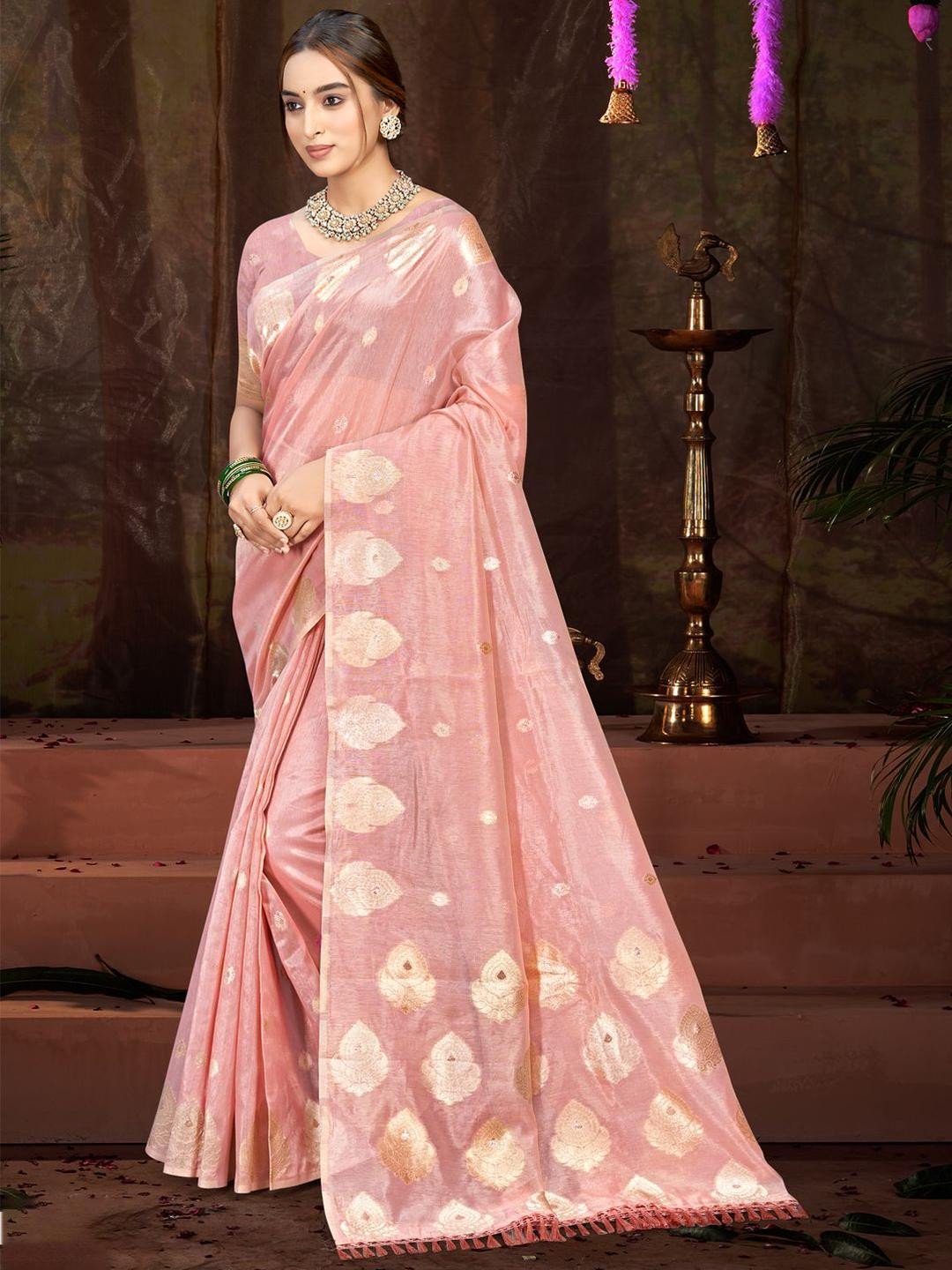 SANGAM PRINTS Floral Woven Design Zari Munga Kota Tussar Saree With Blouse Pieces