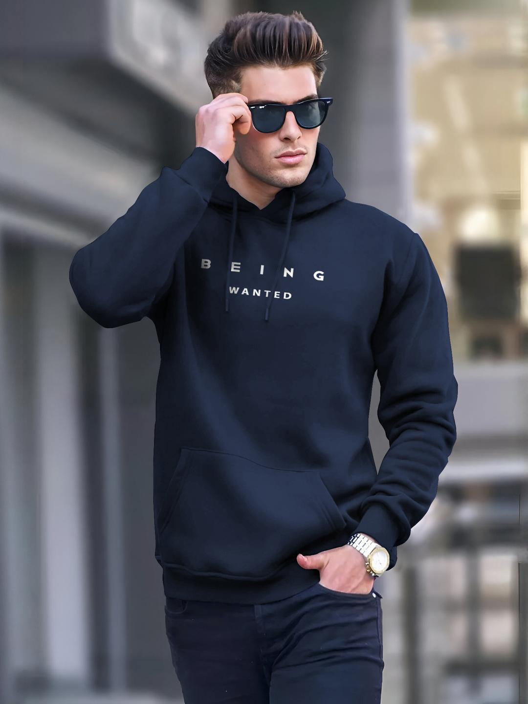 BEING WANTED Men Navy Blue Hooded Sweatshirt