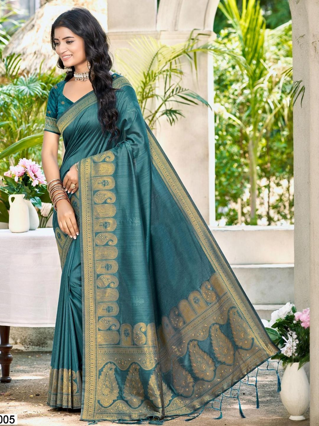 SANGAM PRINTS Floral Woven Design Zari Assam Silk Tussar Saree With Blouse Pieces