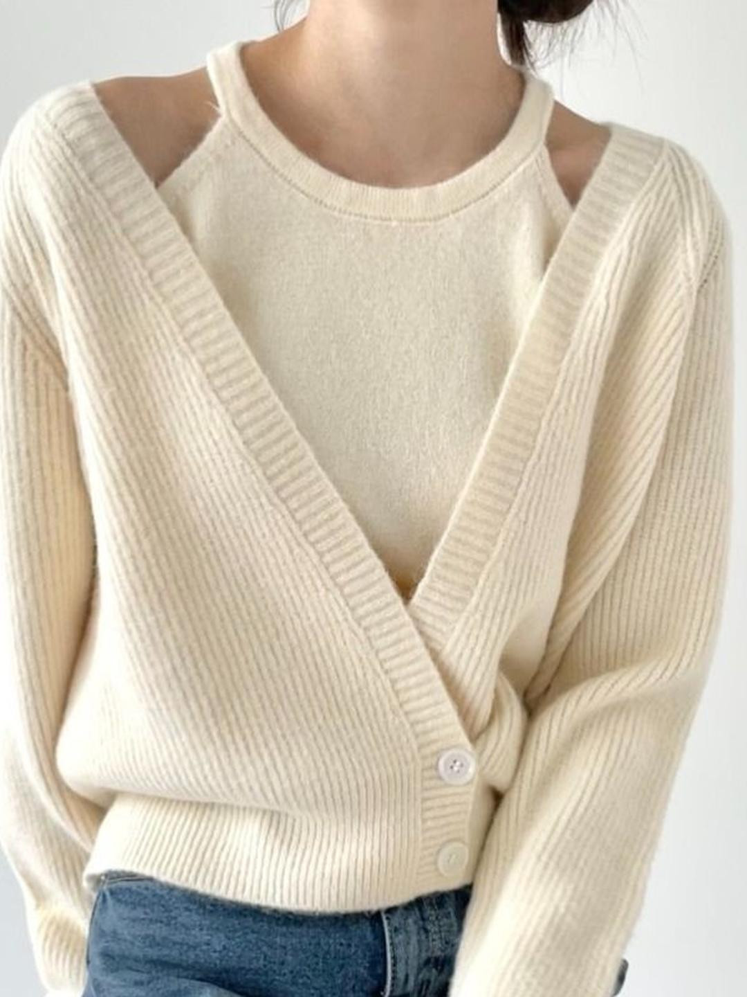 HERE&NOW Women Off White Cold Shoulder Knit Cardigan