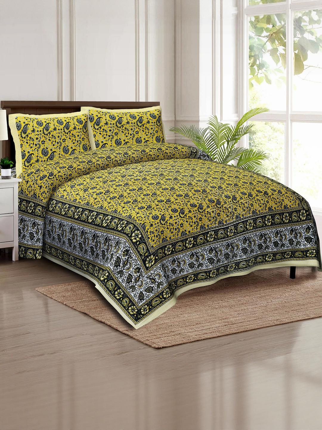 Monik Handicrafts Yellow & Blue Floral 210 TC Super King Bedsheet with 2 Pillow Covers