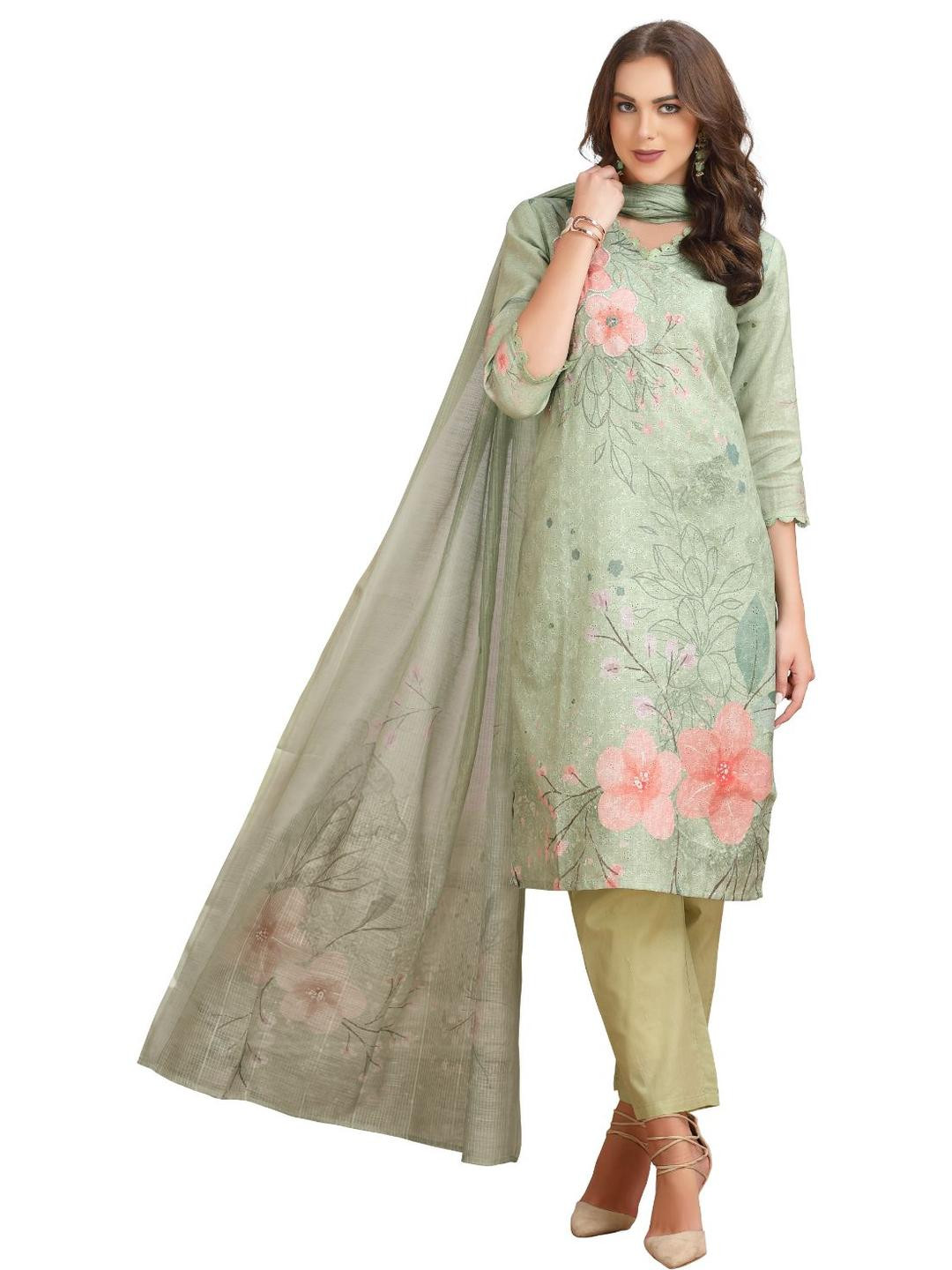 GREAT OUTFITS Women Green Linen Kurta Sets With Dupatta