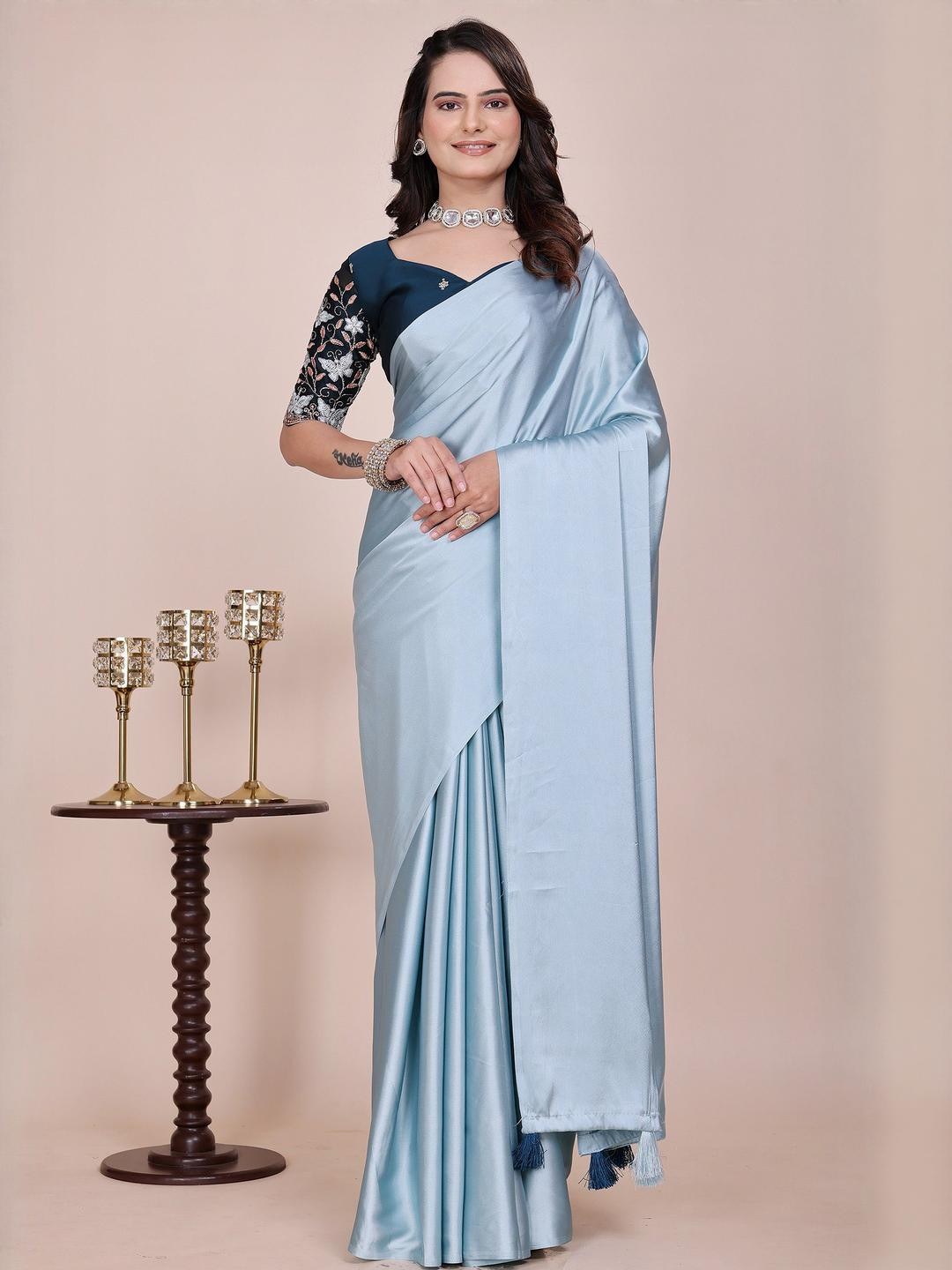K 5 Fashion Satin Saree With Embroidered Blouse Piece