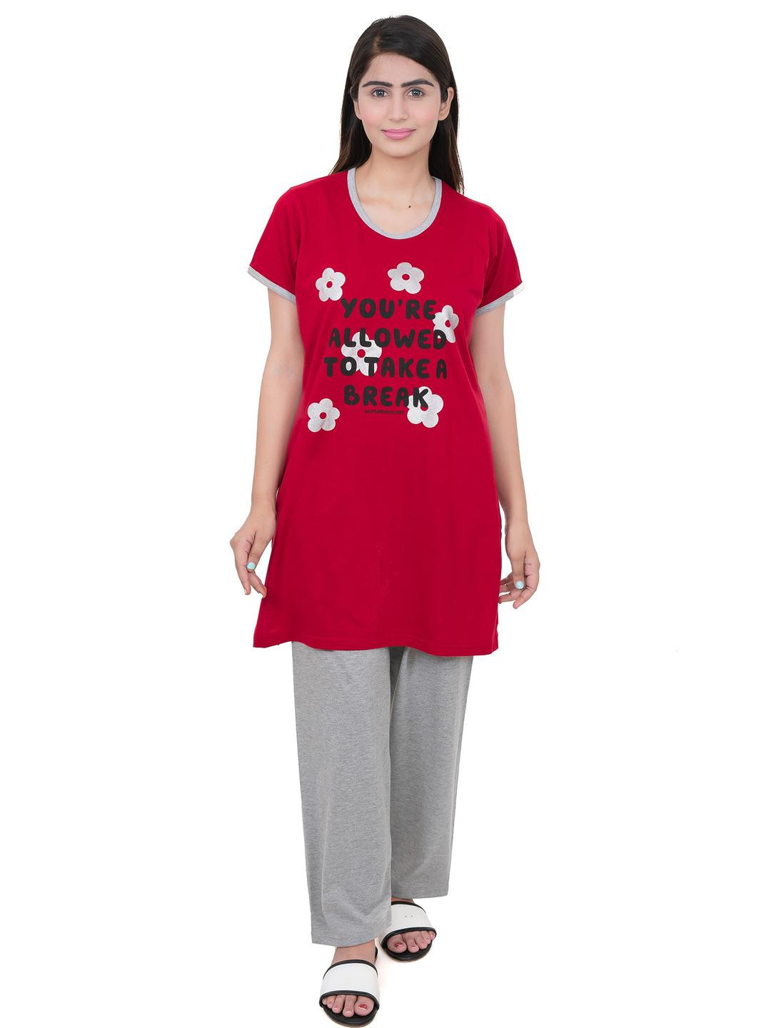 E-MAX Women Cotton Short Sleeves With Pyjamas Night suit