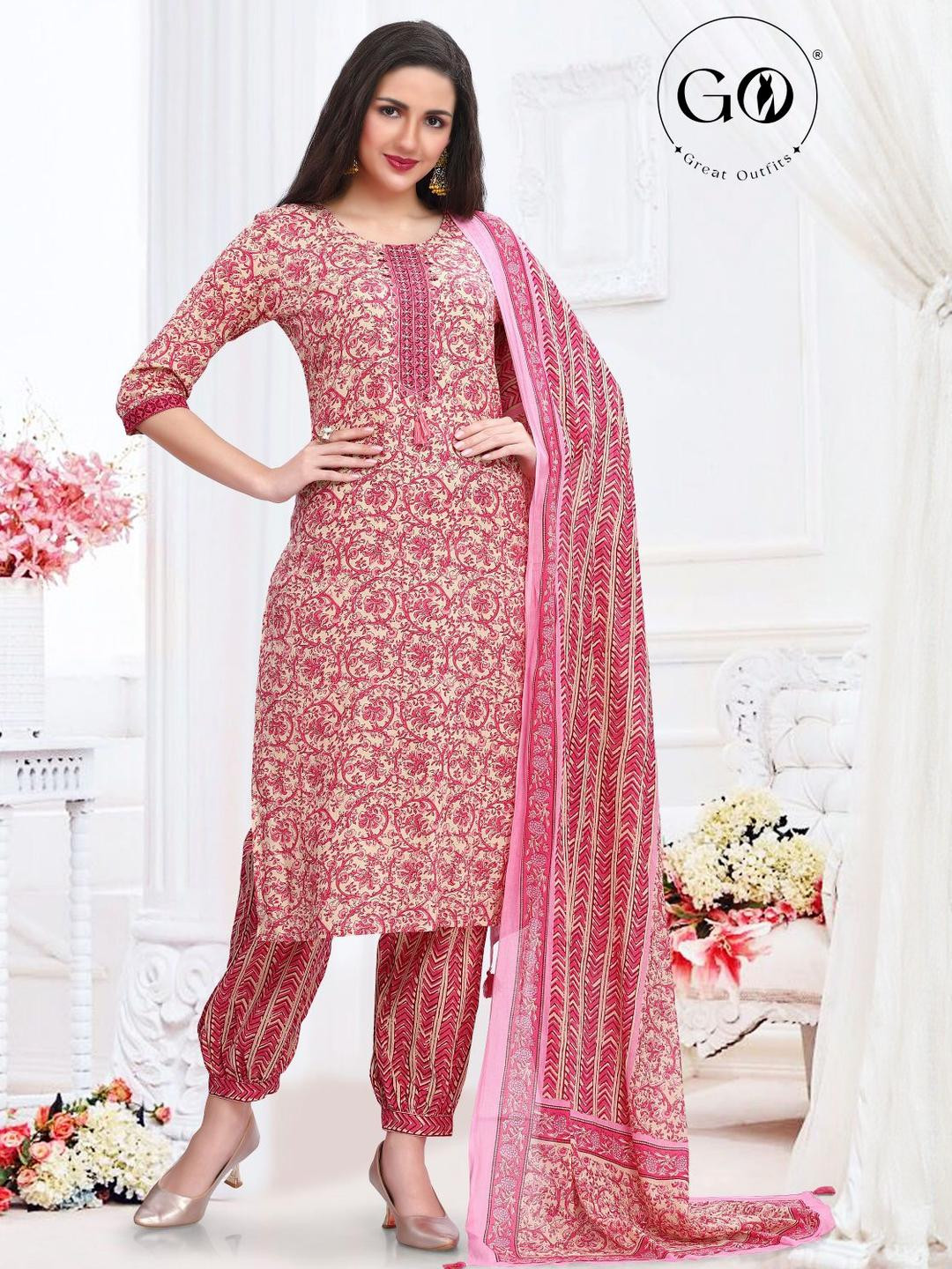 GREAT OUTFITS Women Pink Pure Cotton Kurta Sets With Dupatta