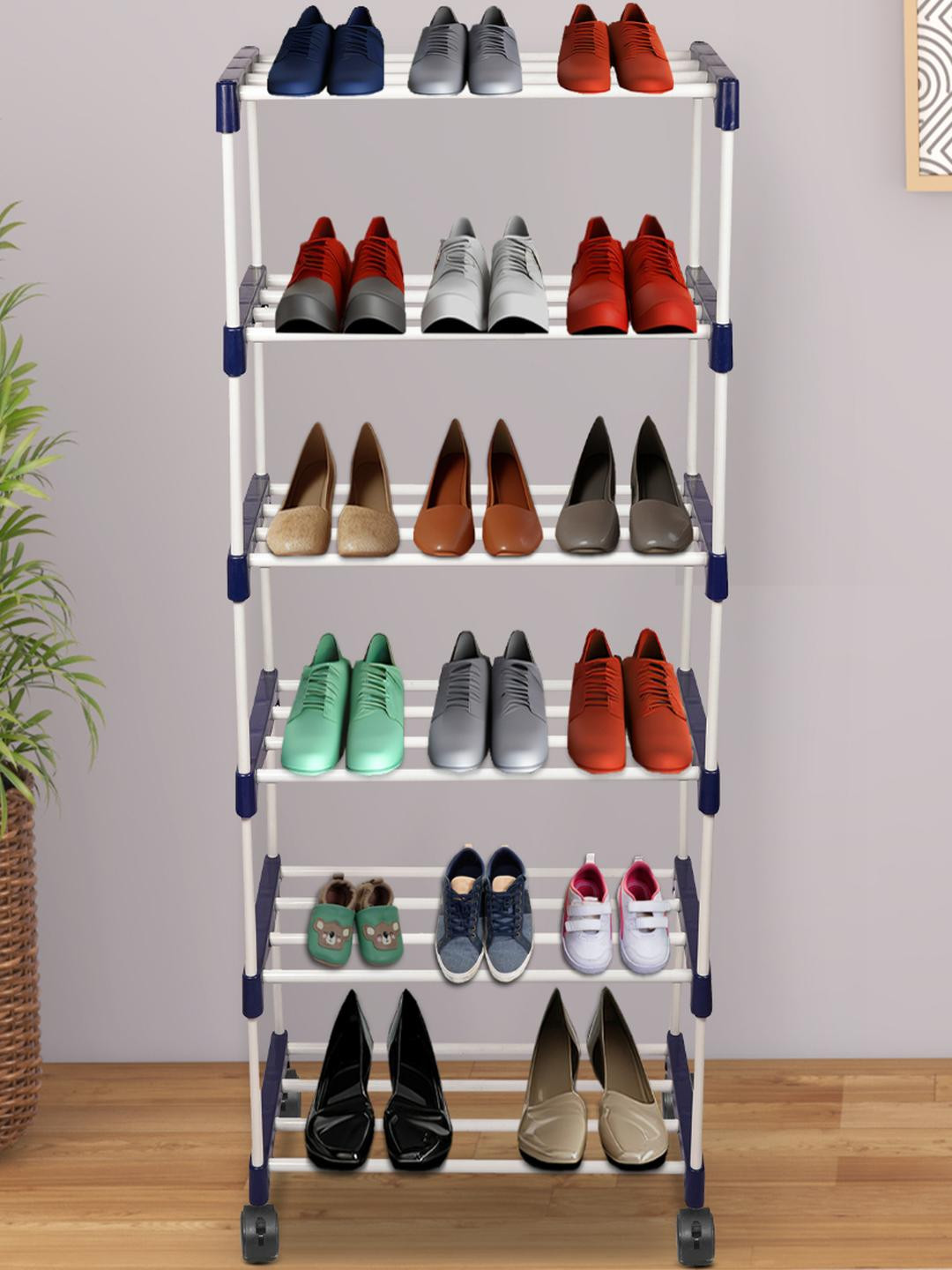 NOVATIC Off White & Blue Solid Metal Shoe Rack