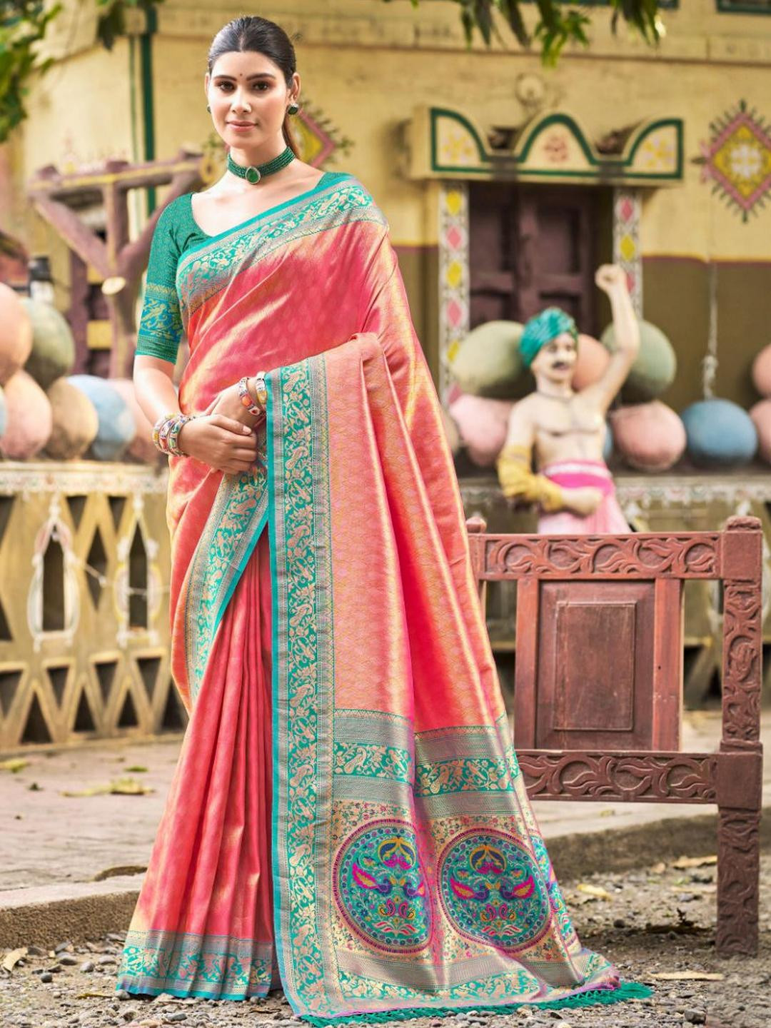 SANGAM PRINTS Kanjivaram Zari Woven  Saree With Blouse Piece