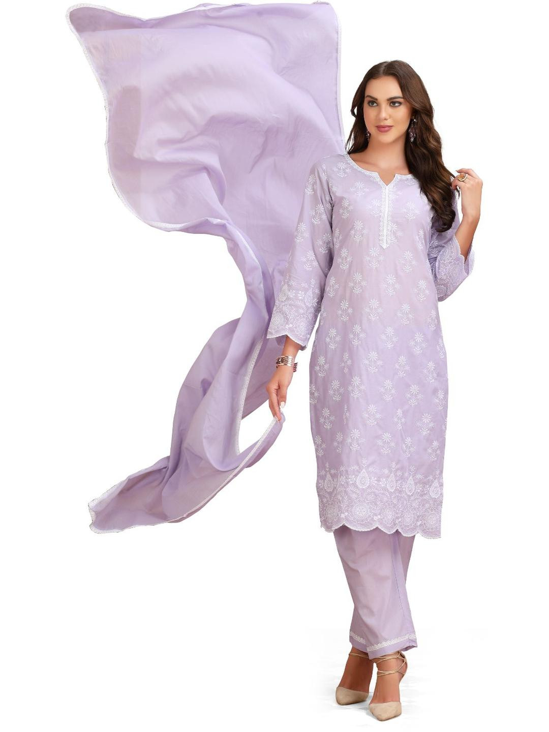 GREAT OUTFITS Women Purple Pure Cotton Kurta Sets With Dupatta