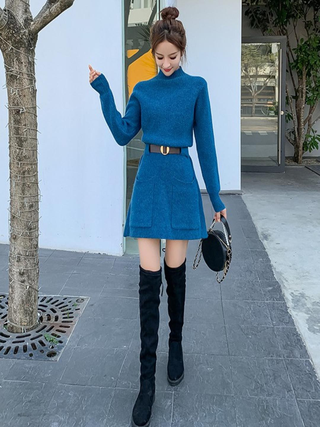 DressBerry Women Turtleneck Knit Sweater and Mini Skirt Set with Belt