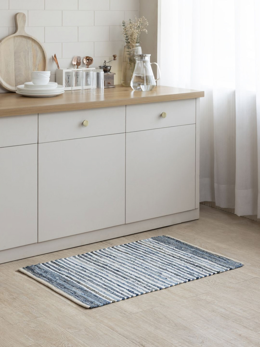 THEGASBH Blue And White Striped Cotton Floor Mat