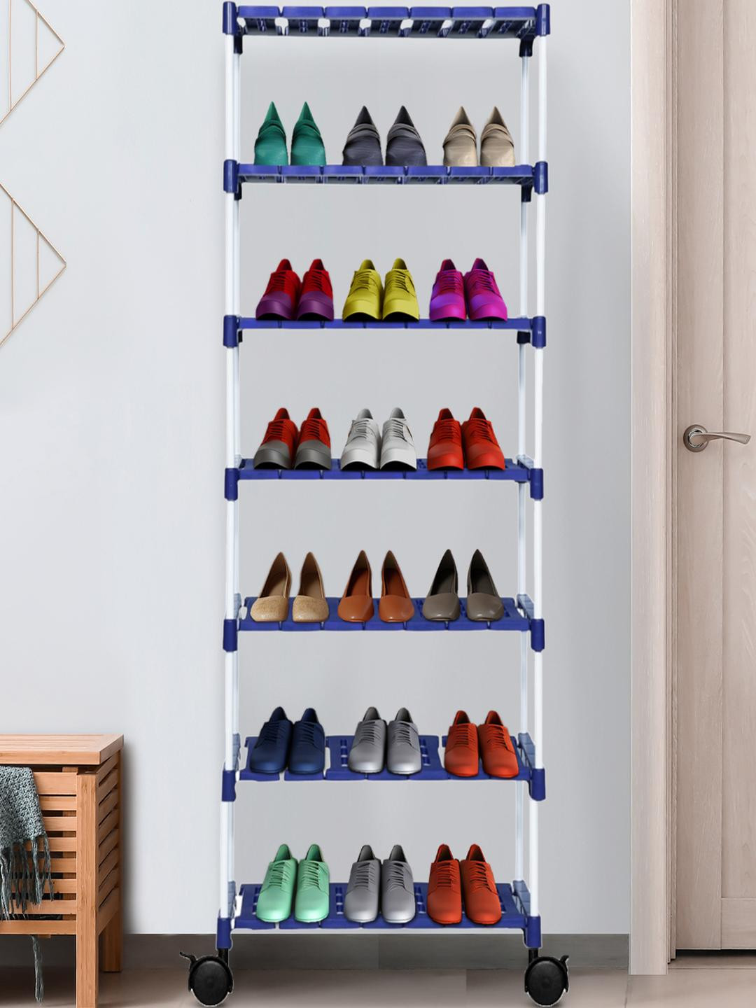 NOVATIC 7-Shelves Metal And Plastic Movable Shoe Rack