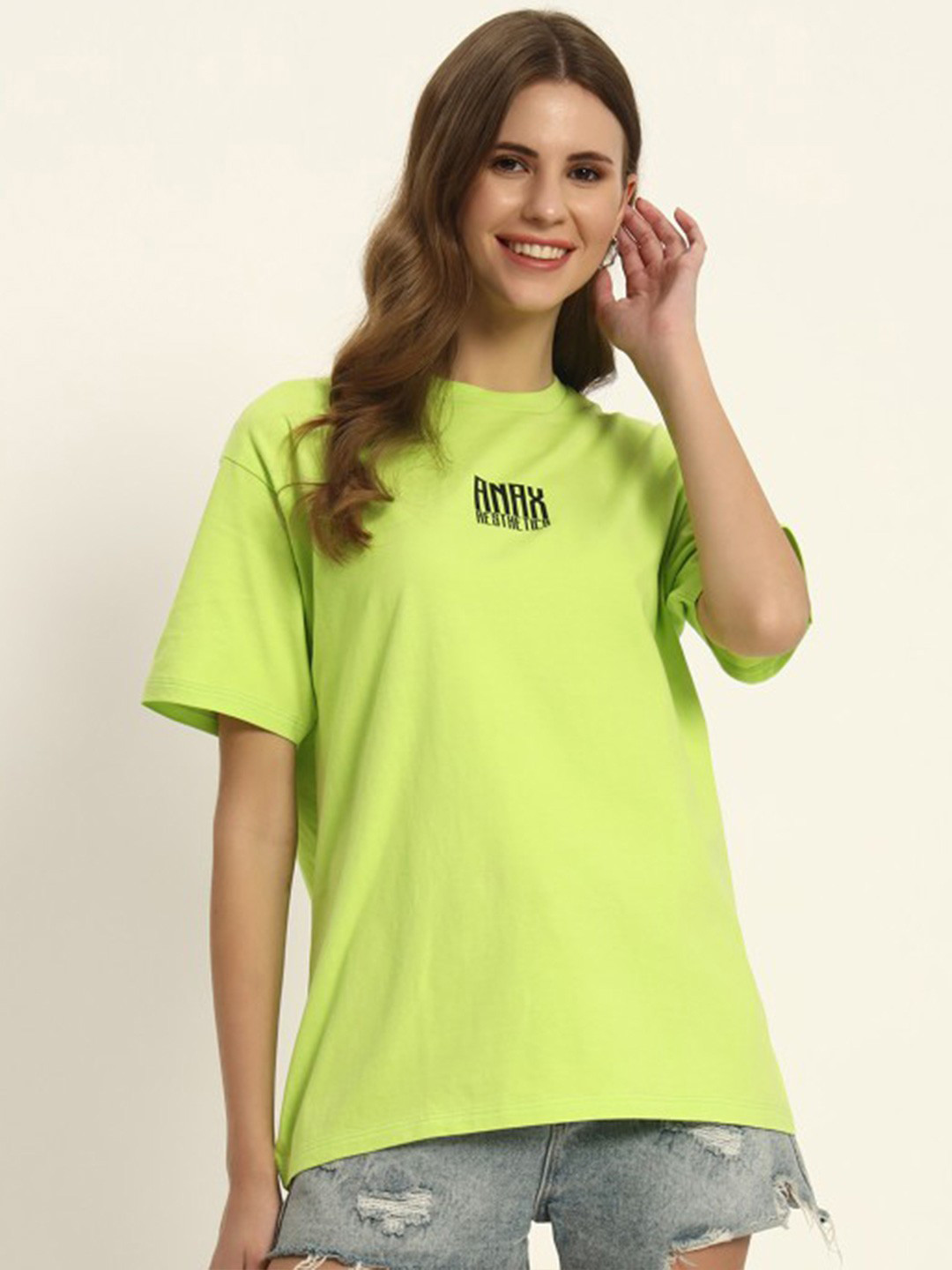 Anax Aesthetics Women Typography Printed Round Neck Cotton Oversized T-shirt