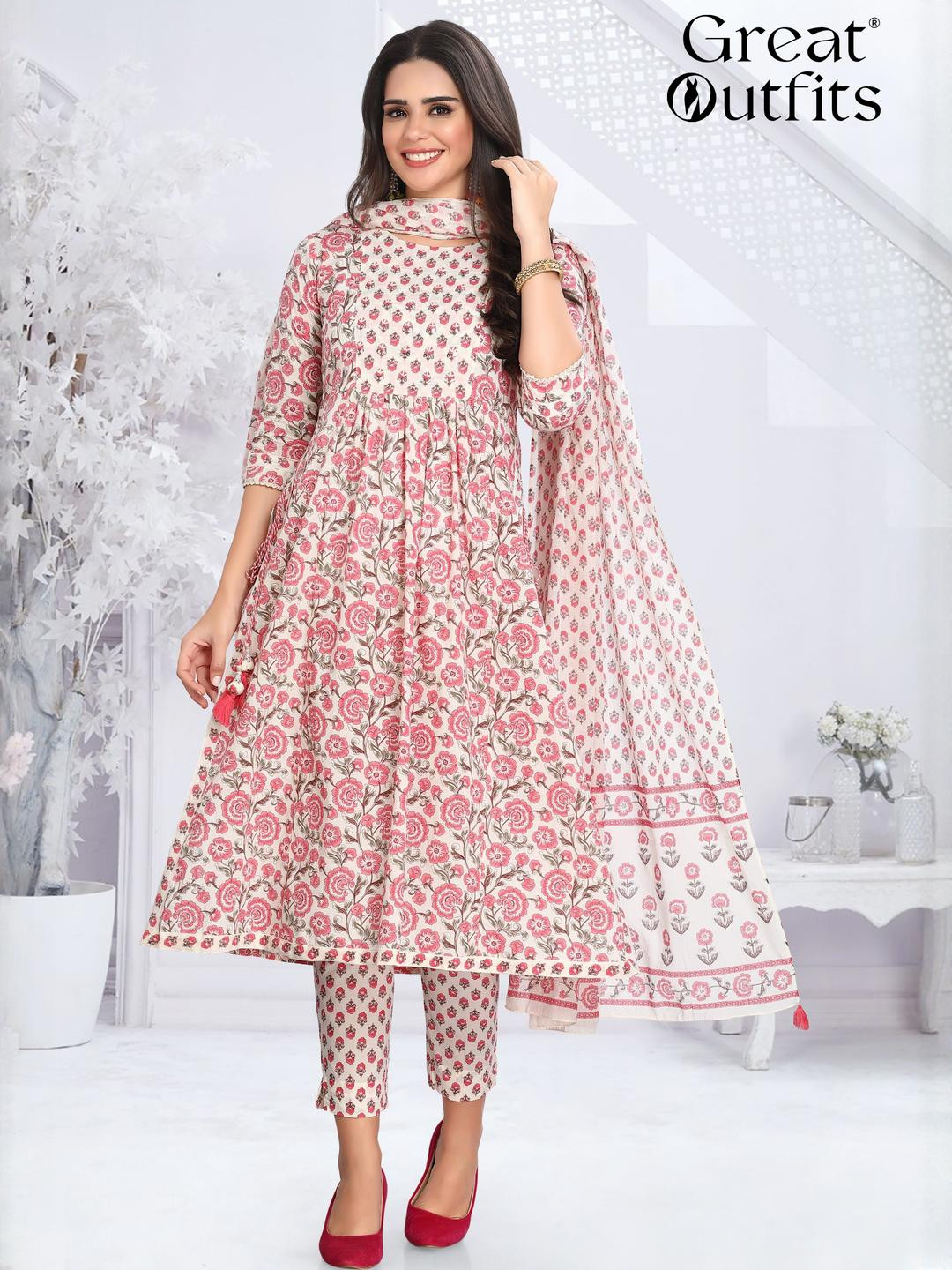 GREAT OUTFITS Women Pink Pure Cotton Kurta Sets With Dupatta