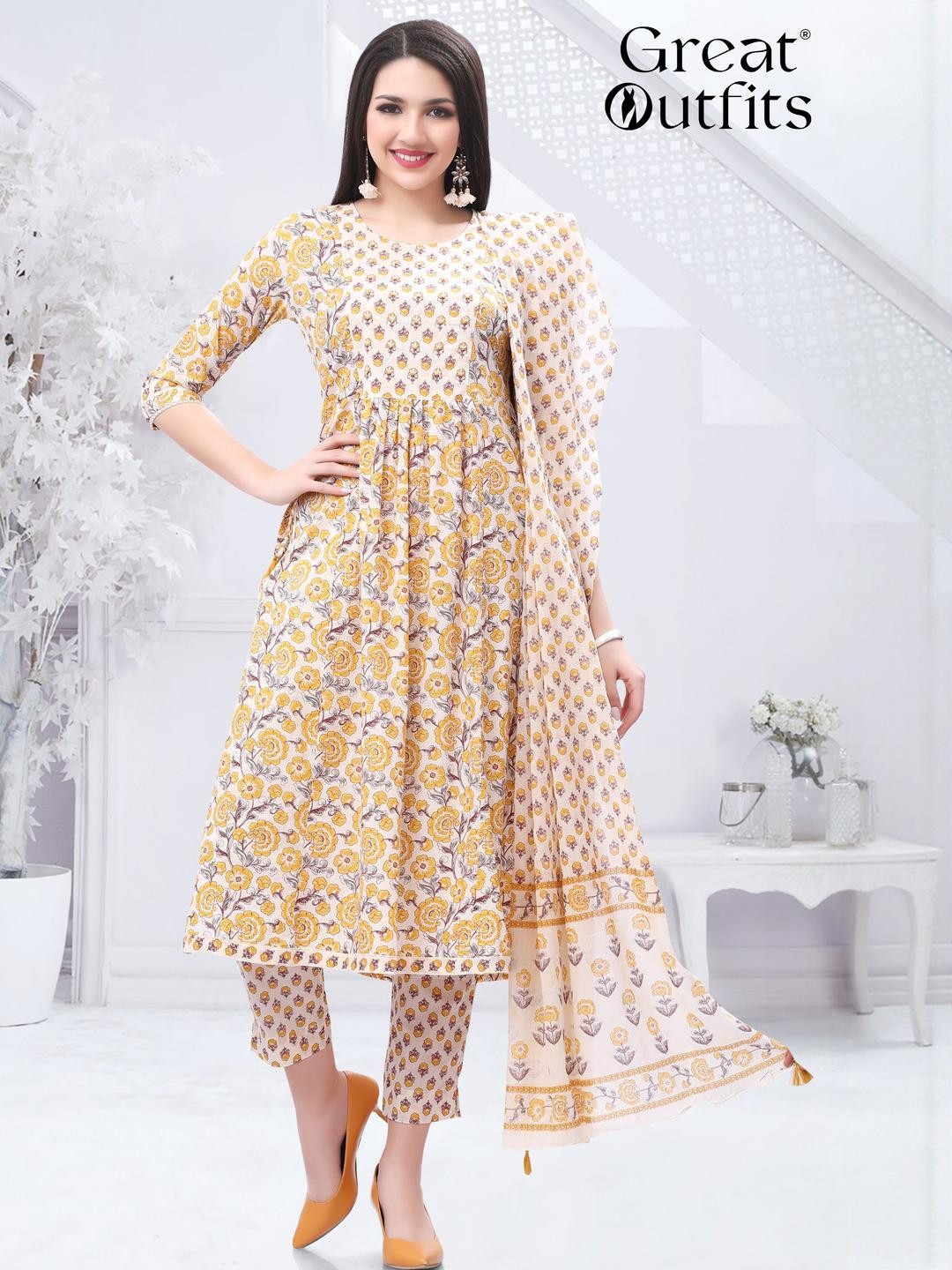 GREAT OUTFITS Women Yellow Pure Cotton Kurta Sets With Dupatta