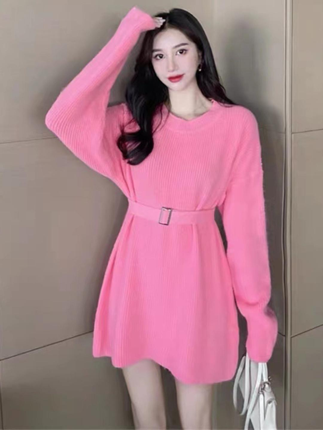 DressBerry Women Ribbed Mini Sweater Dress with Belt