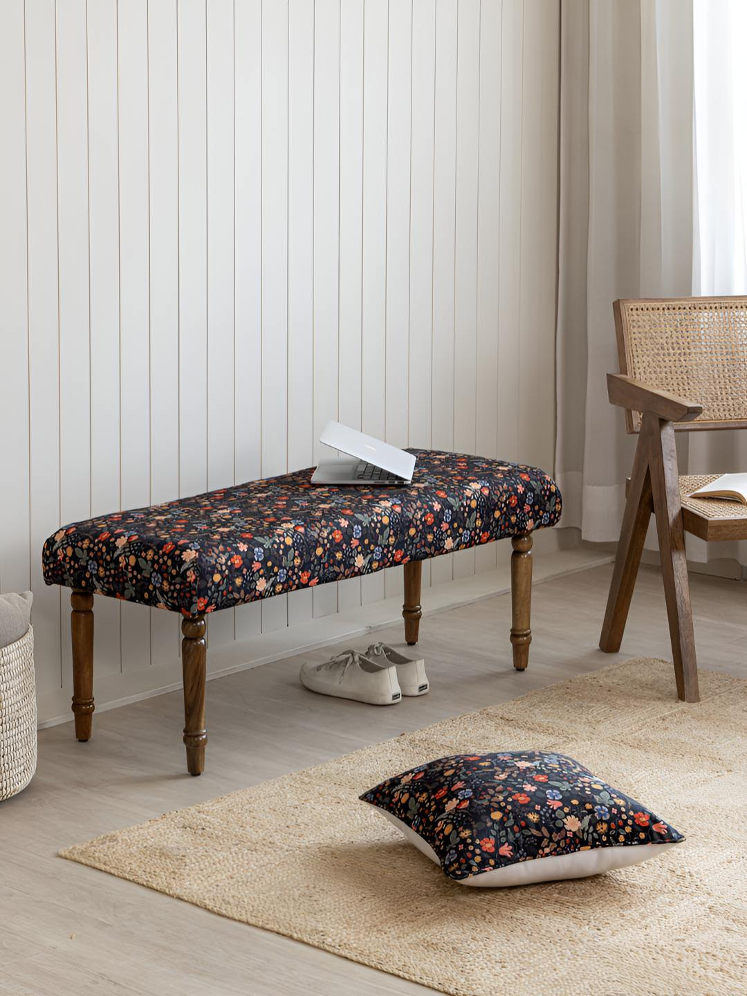 THEGASBH Black & Orange Printed Wooden 3-Seater Rectangle Dining Bench