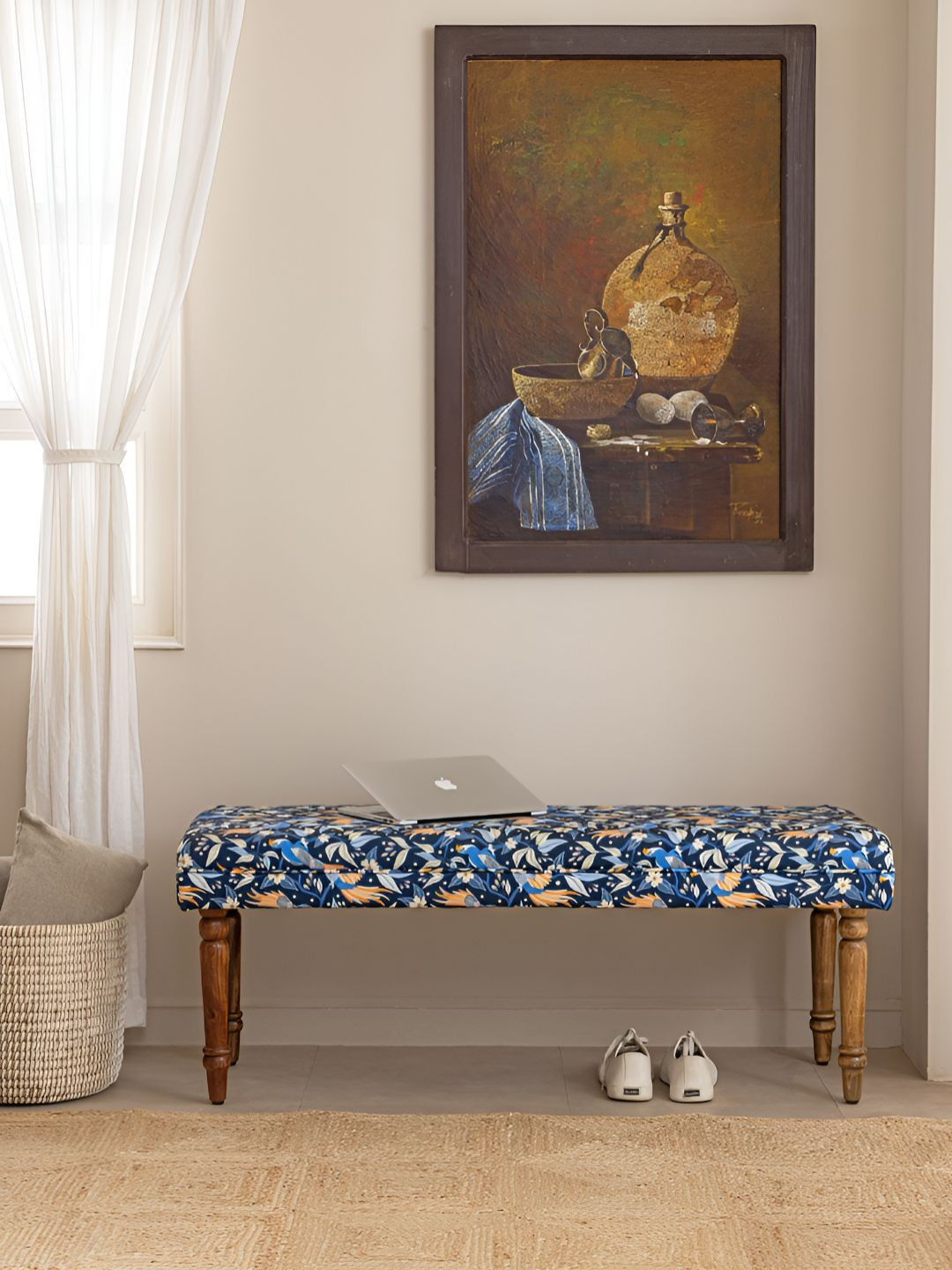 THEGASBH Blue & Yellow Printed Wooden 3-Seater Rectangle Dining Bench