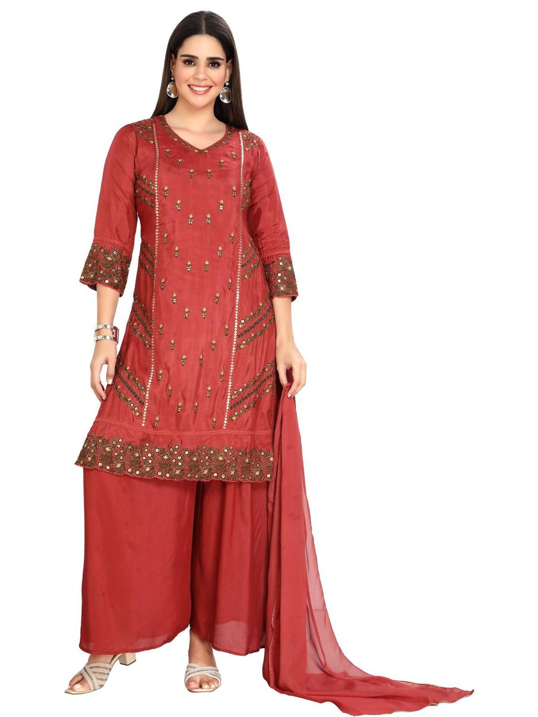 GREAT OUTFITS Women Maroon Linen Kurta Sets With Dupatta