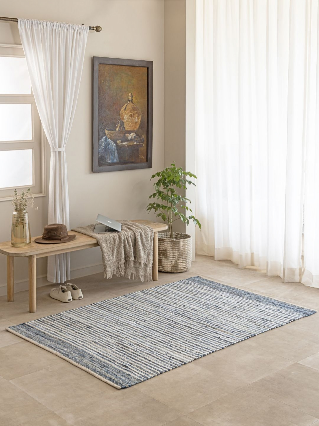 THEGASBH Blue & Grey Striped Cotton Carpet