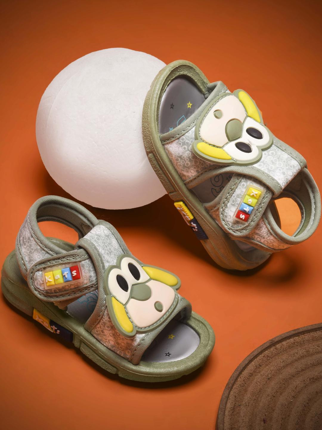 KATS Unisex Kids Green 3D Puppy Printed Synthetic Leather & Velcro Sandals With PVC Sole