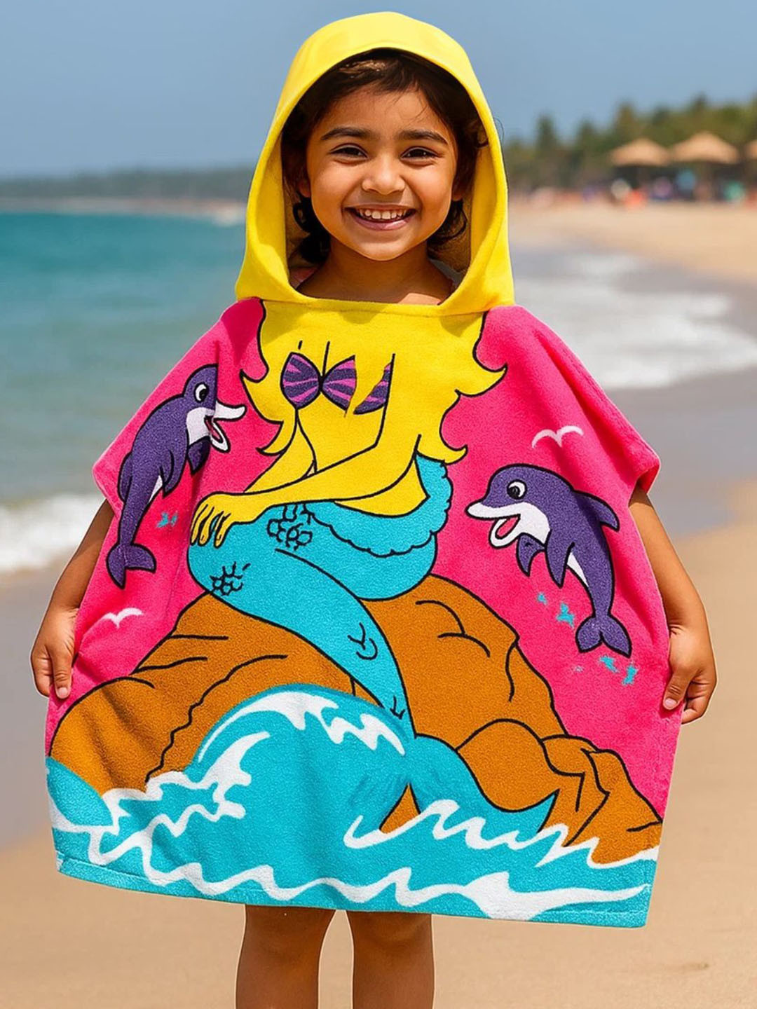 Famyo Cute Pink & Yellow Mermaid Design Poncho Towel for Kids (1-7 years)