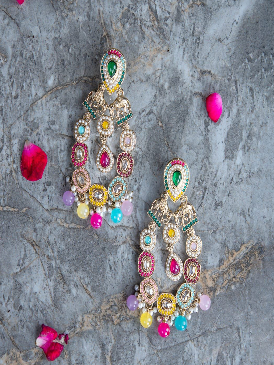 Zoki Artificial Stones Studded & Beaded Teardrop Shaped Drop Earrings