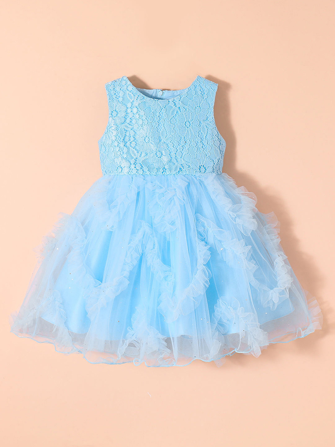 Hopscotch Girls Blue Floral Lace Bodice Tulle Round Neck Sleeveless Net Fit & Flare Dress