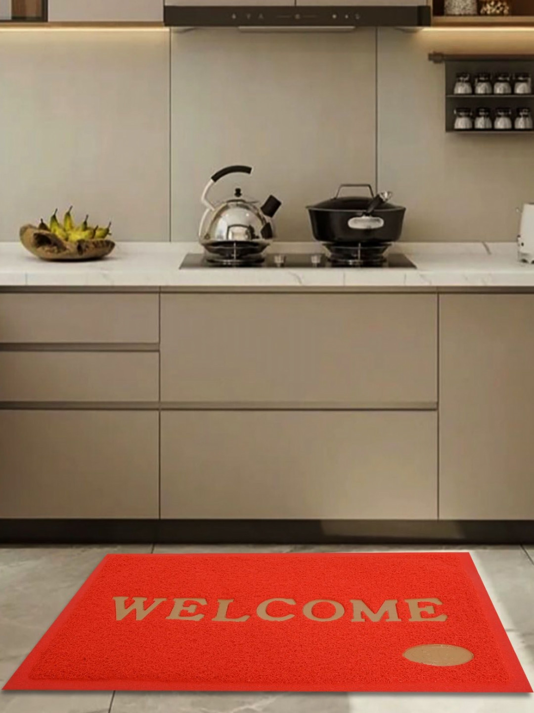 Aura Red & Gold Toned Welcome Textured Anti-Slip Water Absorbing Doormat