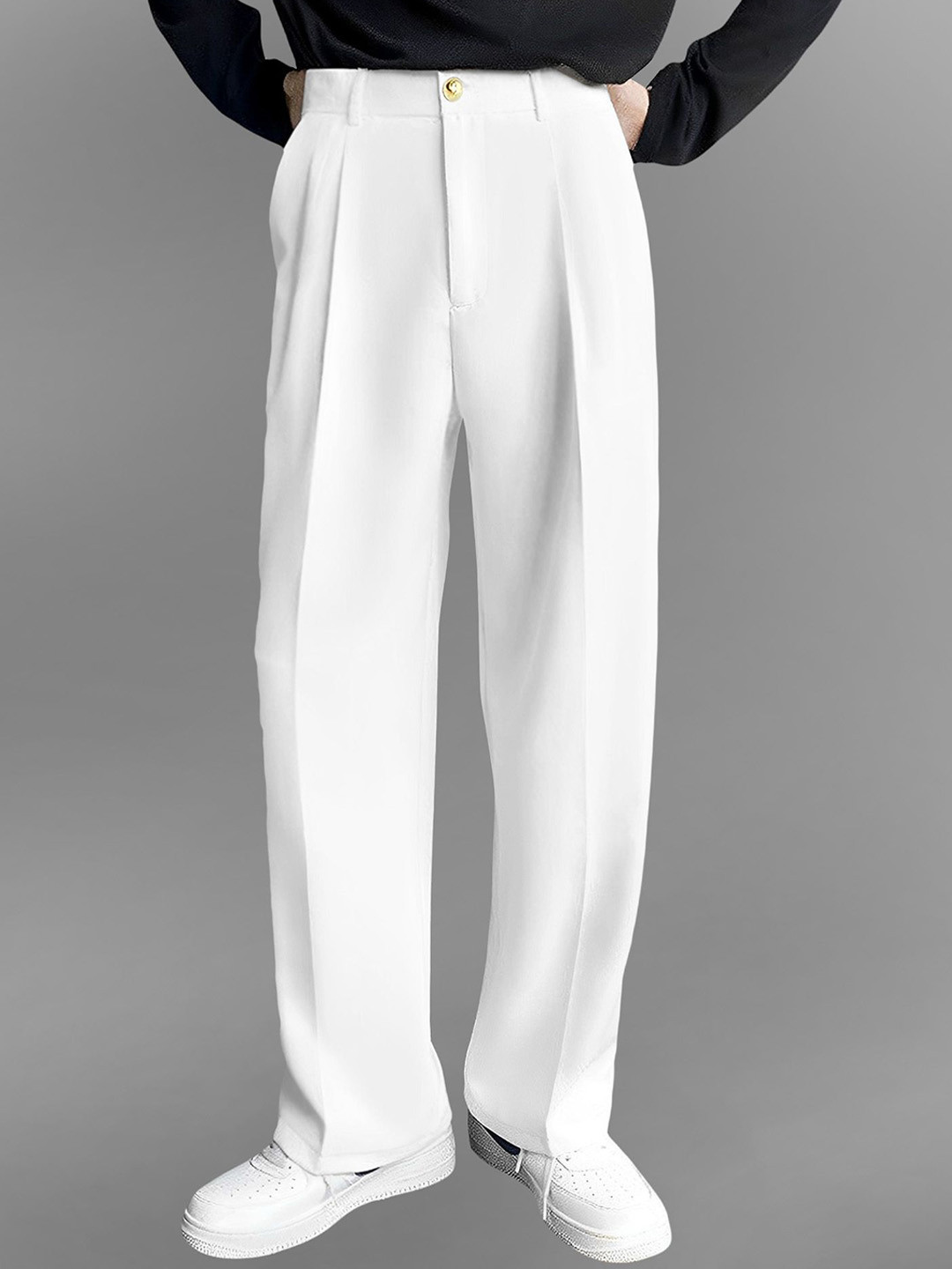 TRIBE Men Relaxed Loose Fit Mid-Rise Pleated Korean Trousers