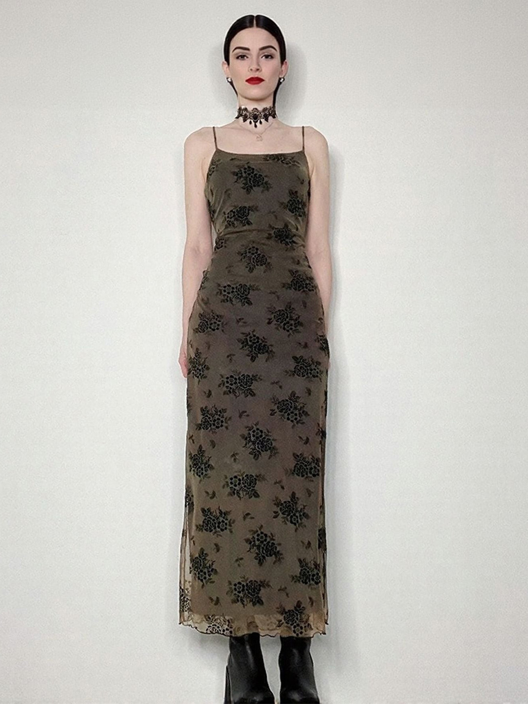Outzidr Green Floral Print Slip Maxi Dress