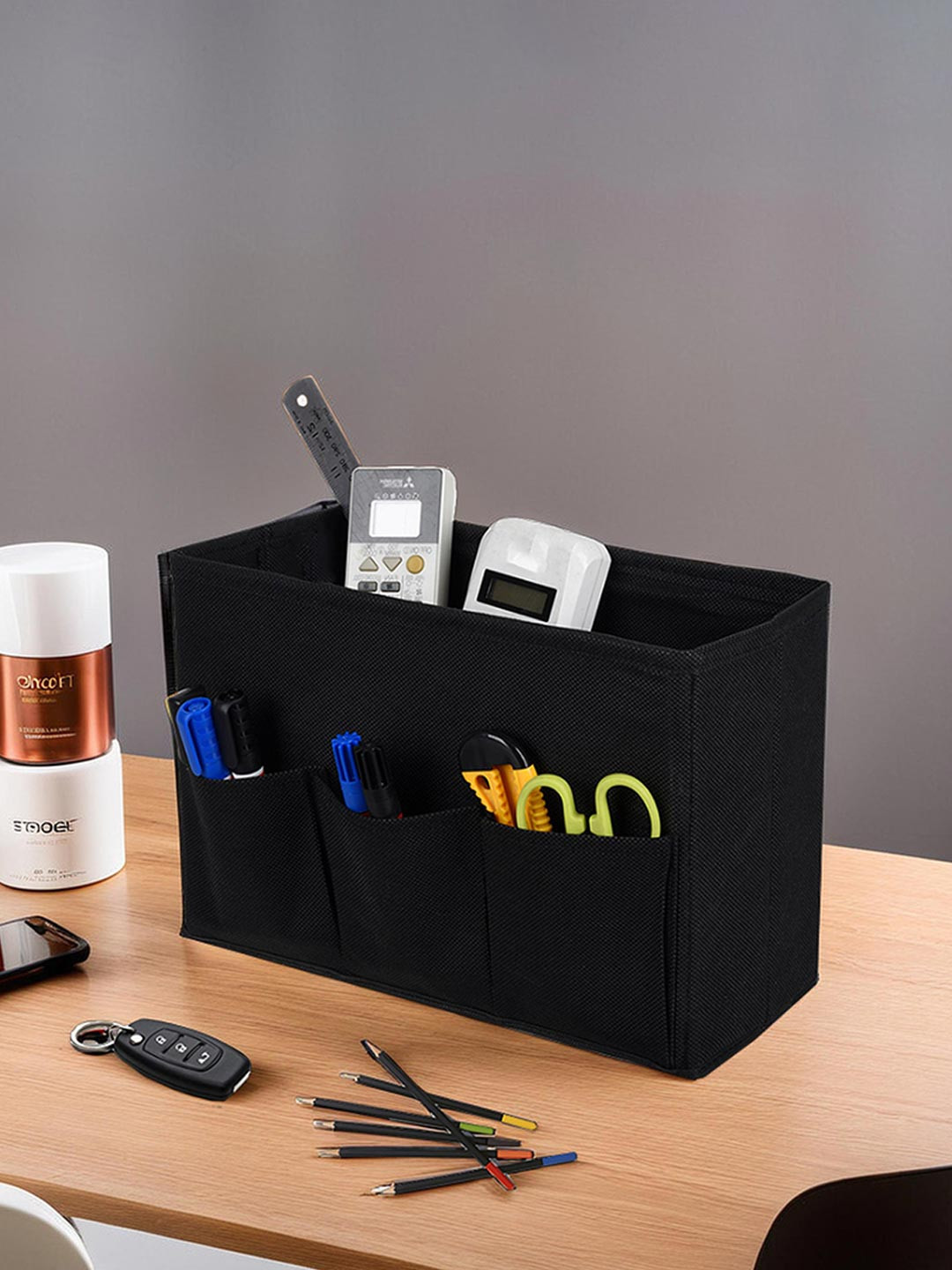 Aura Black Non Woven 3 Compartment Stationary Desk Organiser Pen Holder