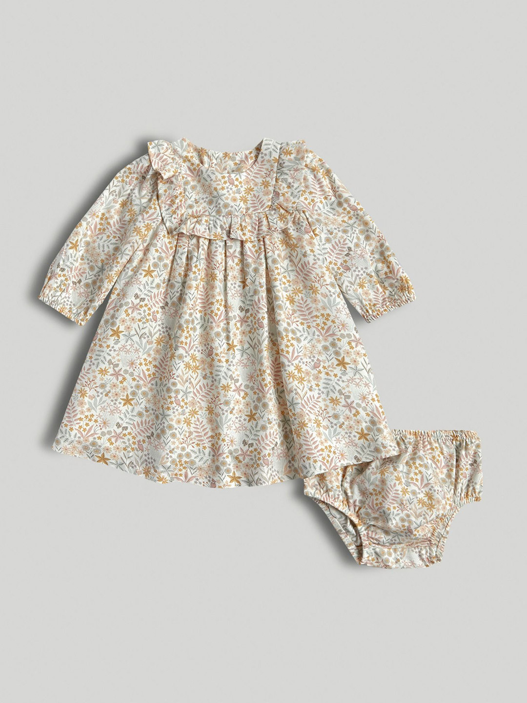 mothercare Girls Floral Printed Round Neck Puff Sleeves Cotton Empire Dress With Knicker