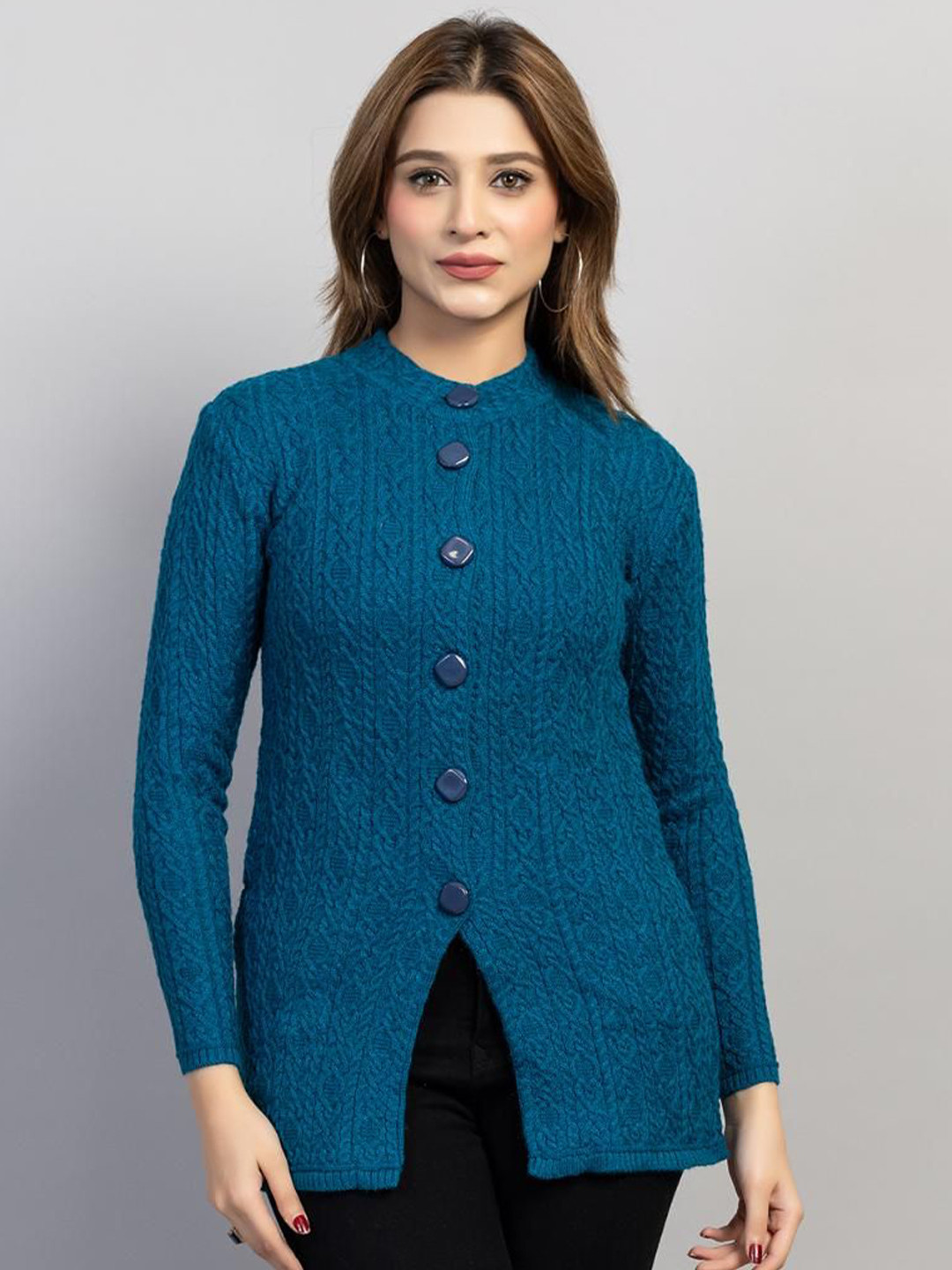 Dart Line Self Design Band Collar Cardigan