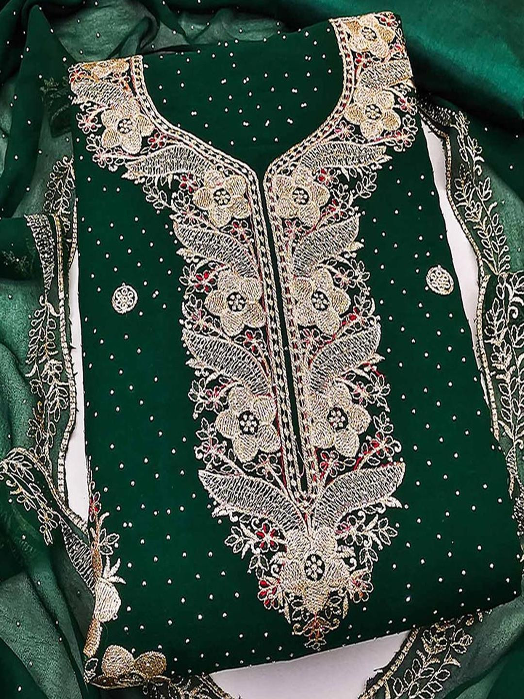 Peachmode Women Green Embroidered Silk Georgette Unstitched Dress Material