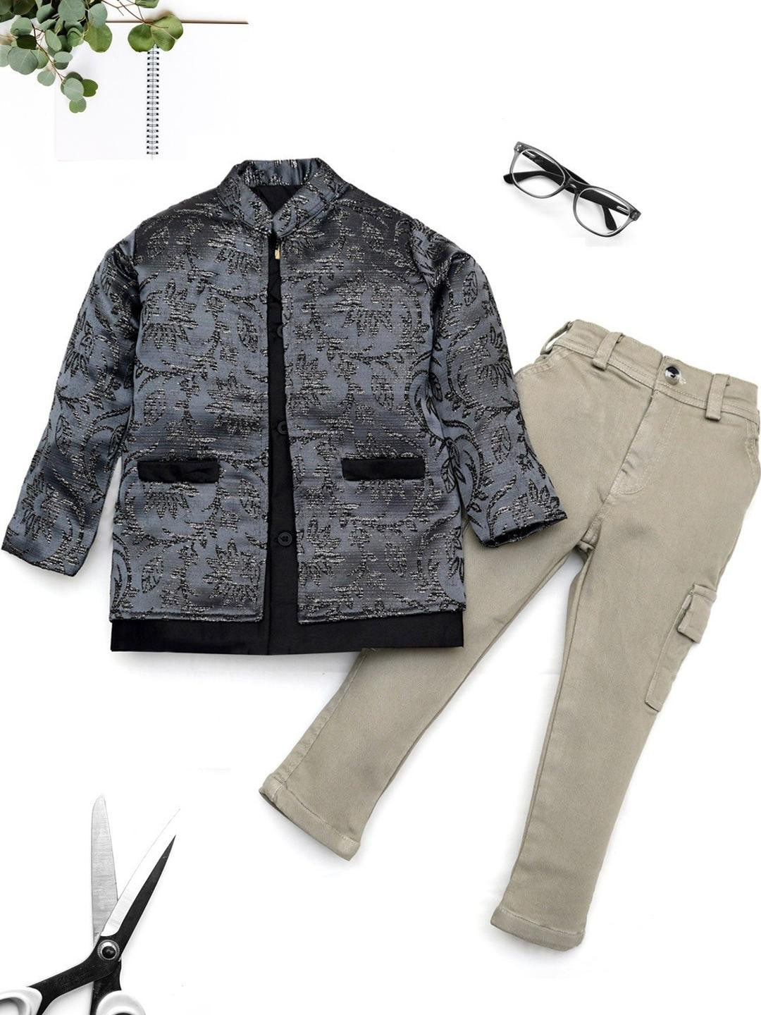 YK Boys Festive Jacquard Jacket & Cargo Pants Set
