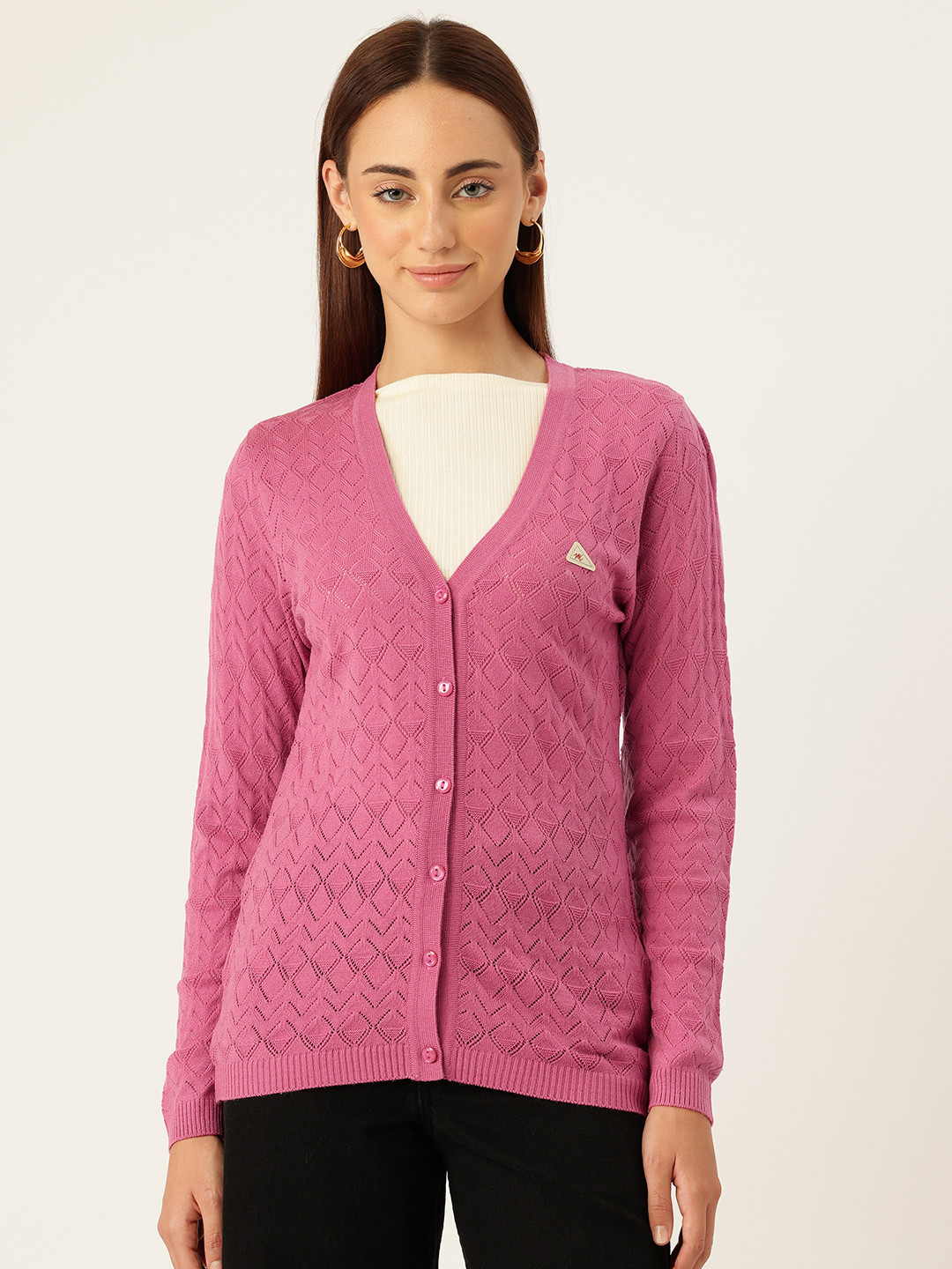 Monte Carlo Geometric Self-Design V-Neck Button-Down Cardigan