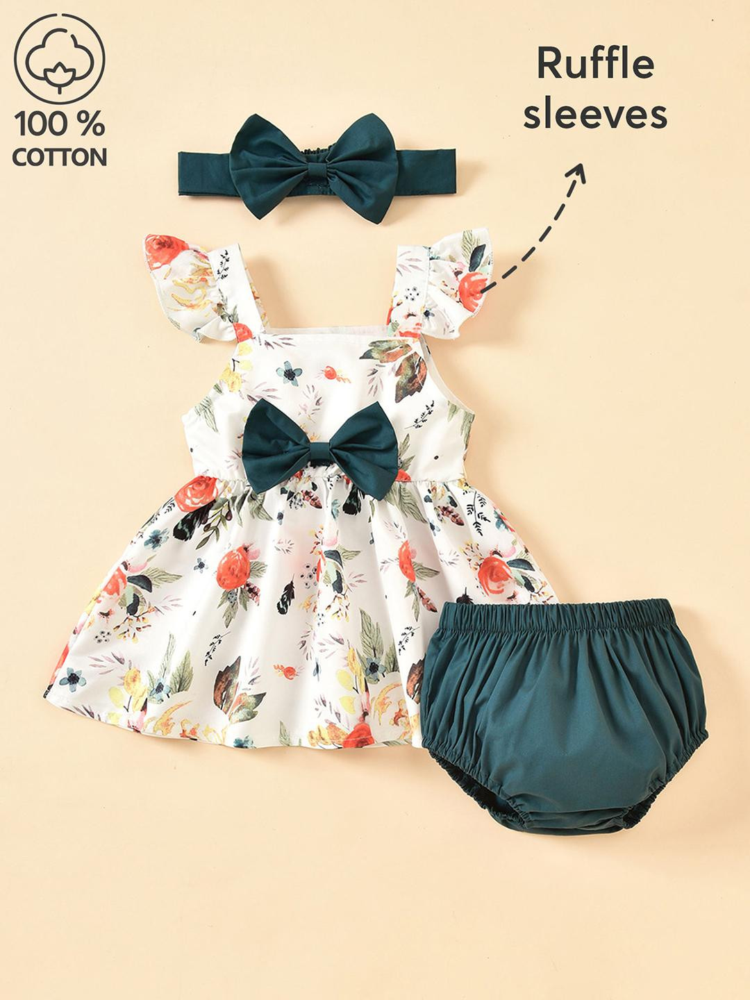 Hopscotch Girls Blossom Print Baby Dress with Bow Headband & Bloomers