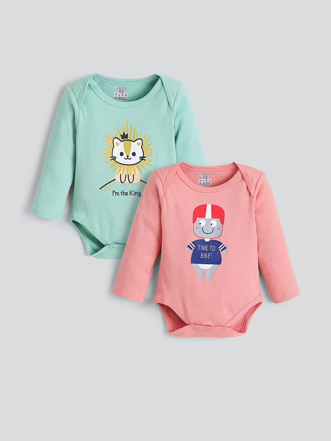 Hopscotch Boys Pack Of 2 Cotton Animal Print Long Sleeve Bodysuits