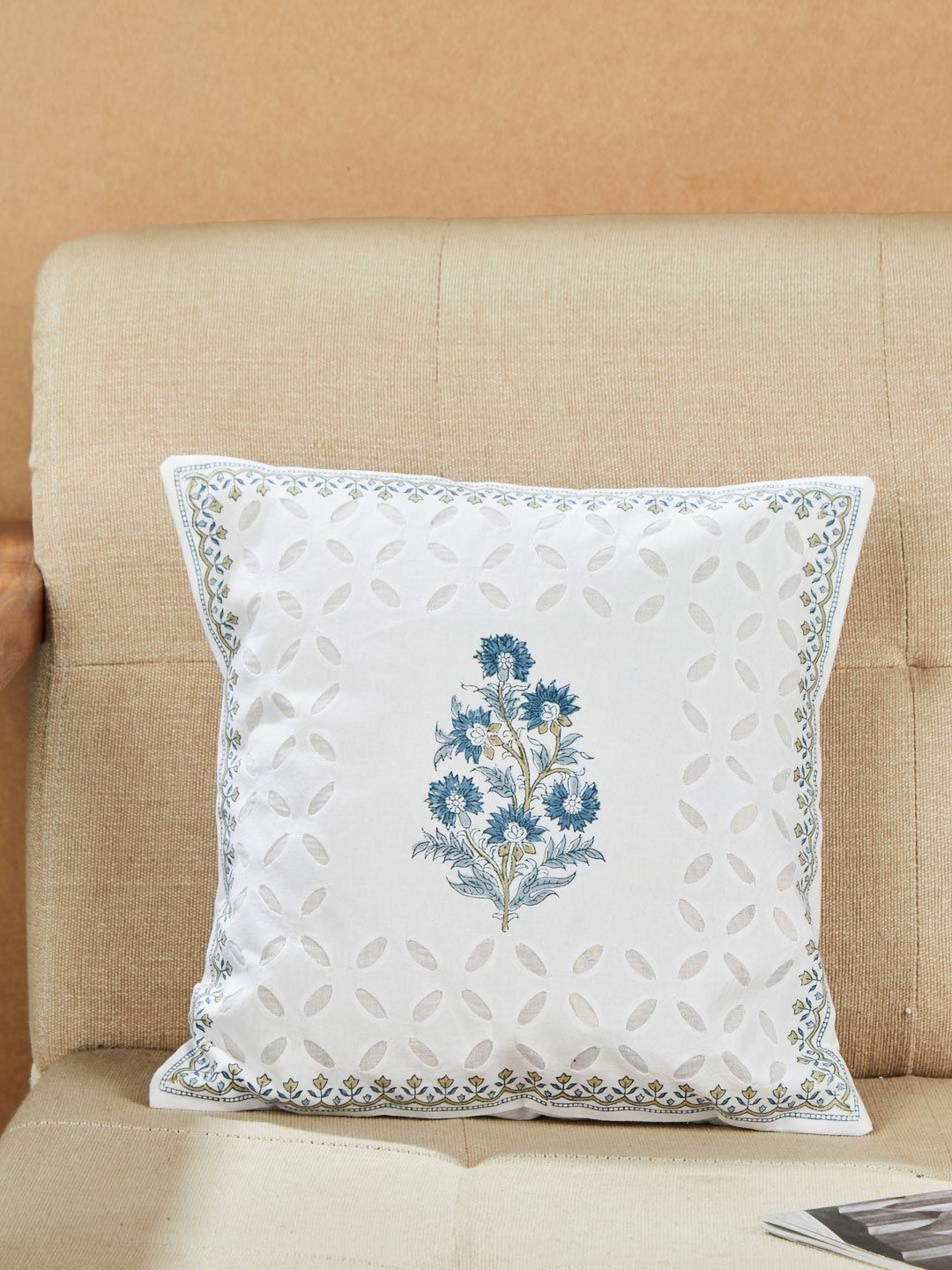 Fabindia Asta White & Blue Embroidered Cotton Square Cushion Cover