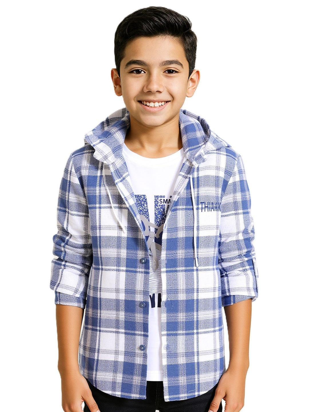 CAVIO Boys 2 Pcs Blue Checked Long Sleeve Hooded Cotton Shirt With White Printed T-Shirt