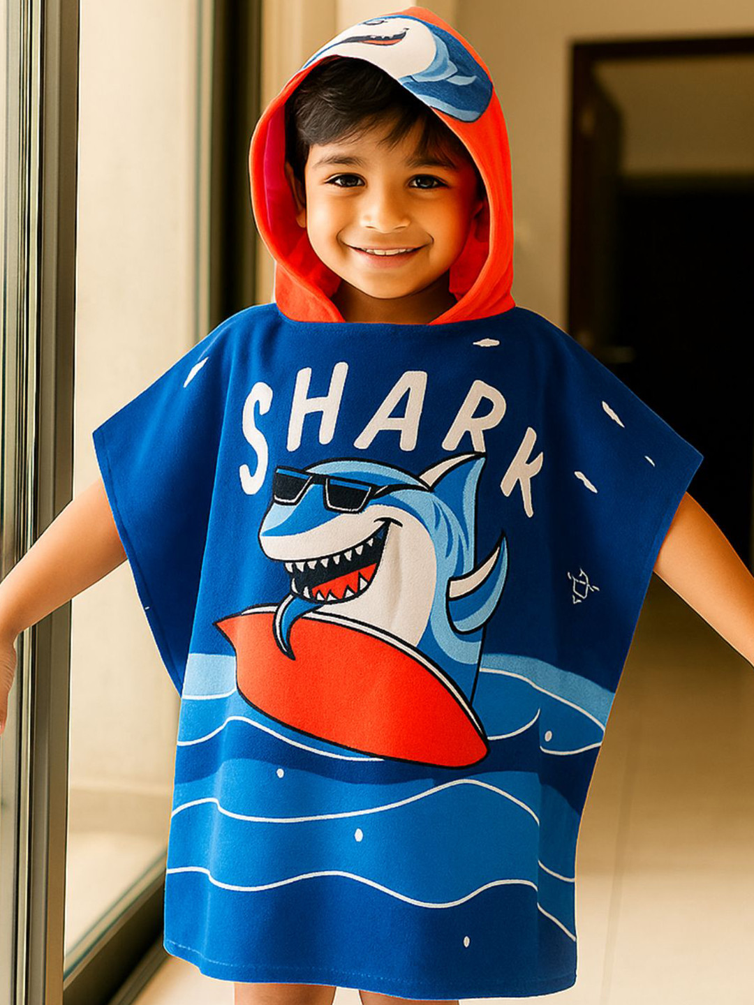 Famyo Dark Blue & Red Shark Design Poncho Towel for Kids (1-7 years)